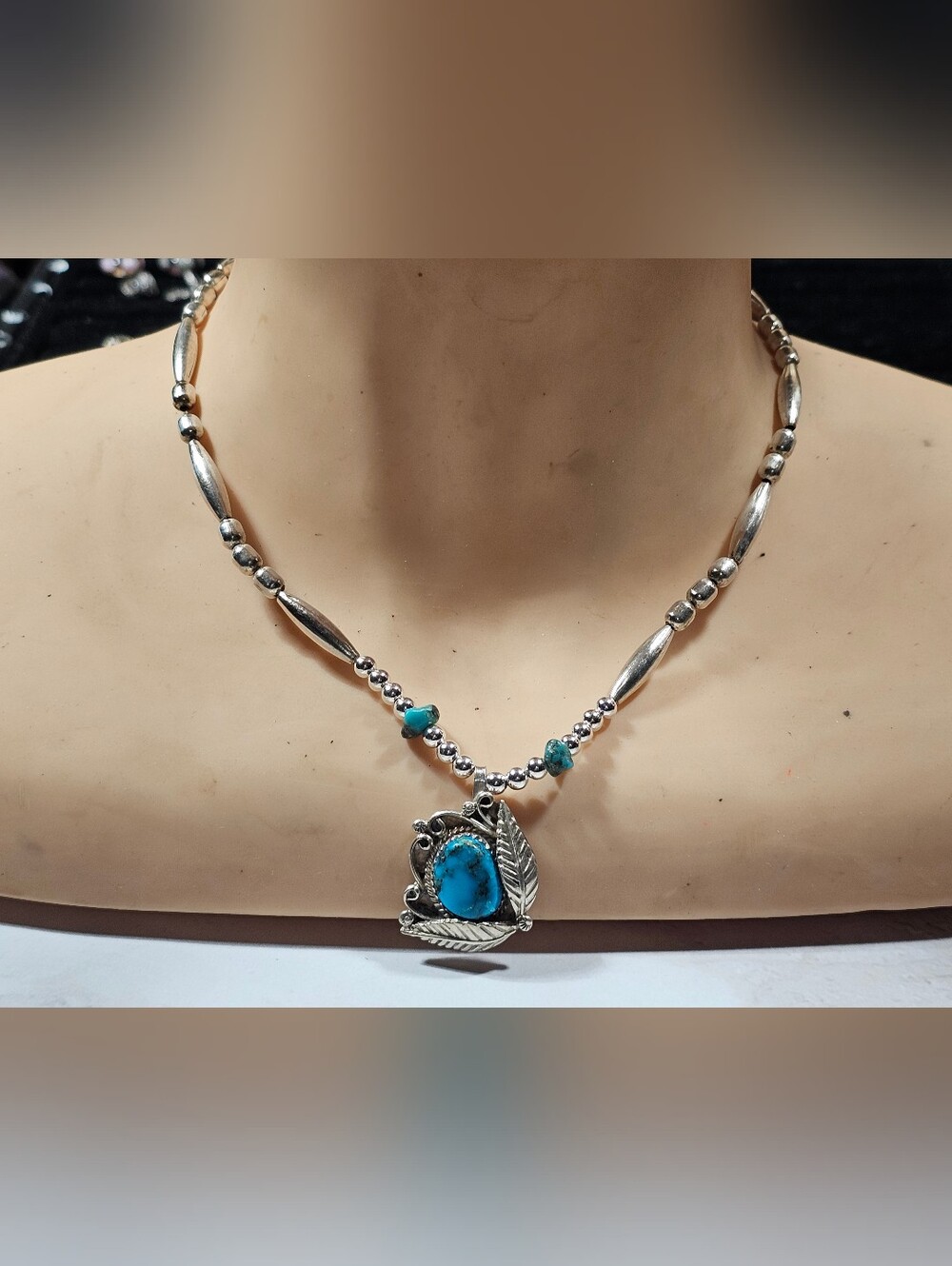 Vintage Sterling Bead Necklace With Sterling Turquoise Squash Blossom Pendant